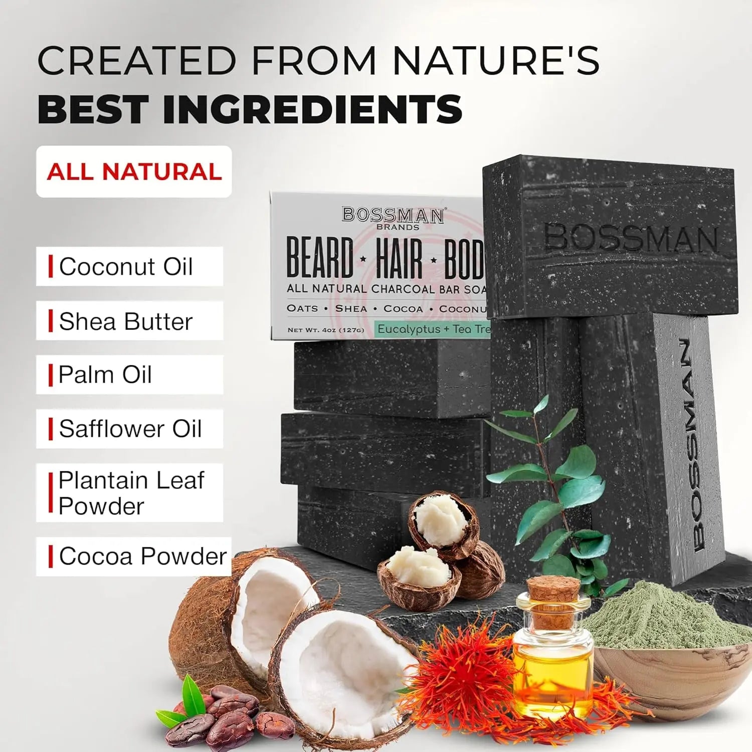 6-Pack 4-In-1 Charcoal Soap Bar (4 Oz) – Bar Soap for Men – All-Natural Beard Wash, Shampoo, Body Wash & Shaving Solution – Eucalyptus & Tea Tree Scent