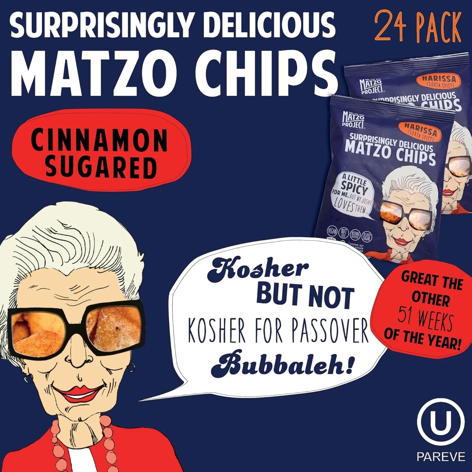 Matzo Chips, Cinnamon Sugared, Kosher (Not Kosher for Passover), Vegan, Nut-Free, Nothing Artificial (1 Oz, 24 Snack Bags)
