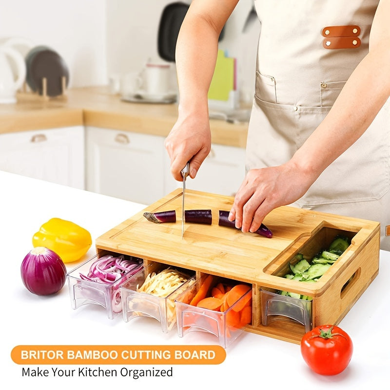 1pc, Bamboo Cutting Board With Drawer Tray, Bamboo Cutting Board With Sliding Out Tray, Chopping Board, Fruit Cutting Board, Kitchen Utensils, Apartment Essentials Chef's Market