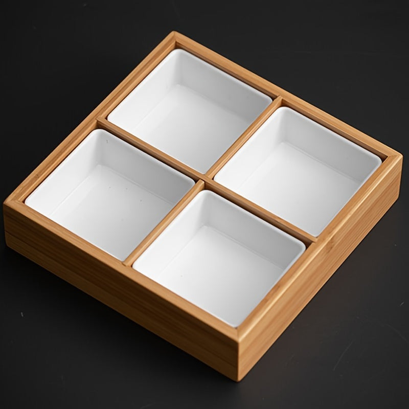 1pc Bamboo Divided Tray With Dish, Hotel Hot Pot Restaurant Cutlery, Divided Grill Tray For Sauces Around The Stove, Boiled Tea Dried Fruit Plate, For Home Restaurant Hot Pot Shop, Table Decors, Serveware Accessories Chef's Market