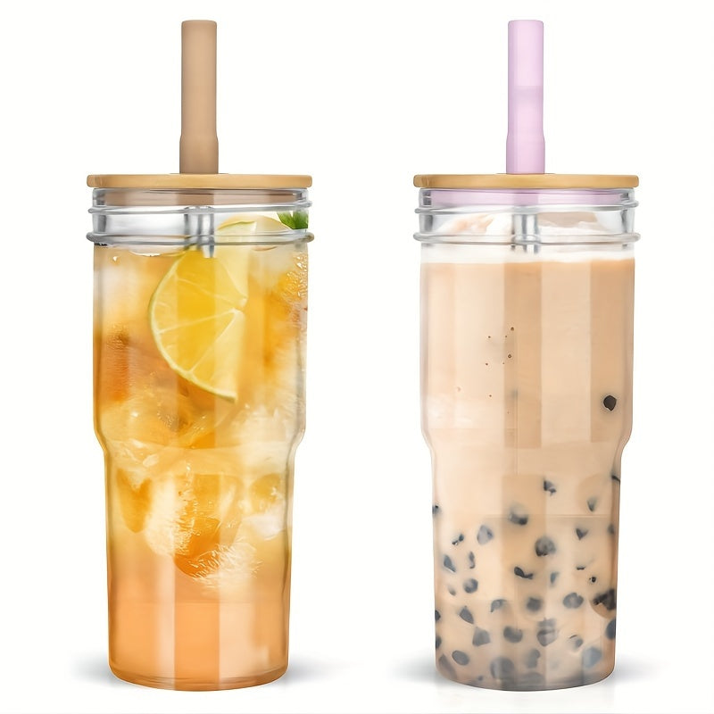 24 oz Wide Mouth Mason Jar Drinking Glass with Bamboo Lids and Straws 2 Pack, Smoothie Cup Reusable for Iced Coffee, Pearl Milkshake, Water, Juice BPA Free Chef's Market