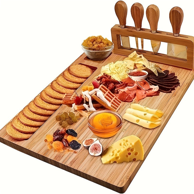 1 Set Bamboo Cheese Board Set, Cheese Tray, Charcuterie Board and Serving Meat Platter with 4 Stainless Steel Cheese Knives, Ideal for Wedding Gifts Christmas Birthday Party Chef's Market