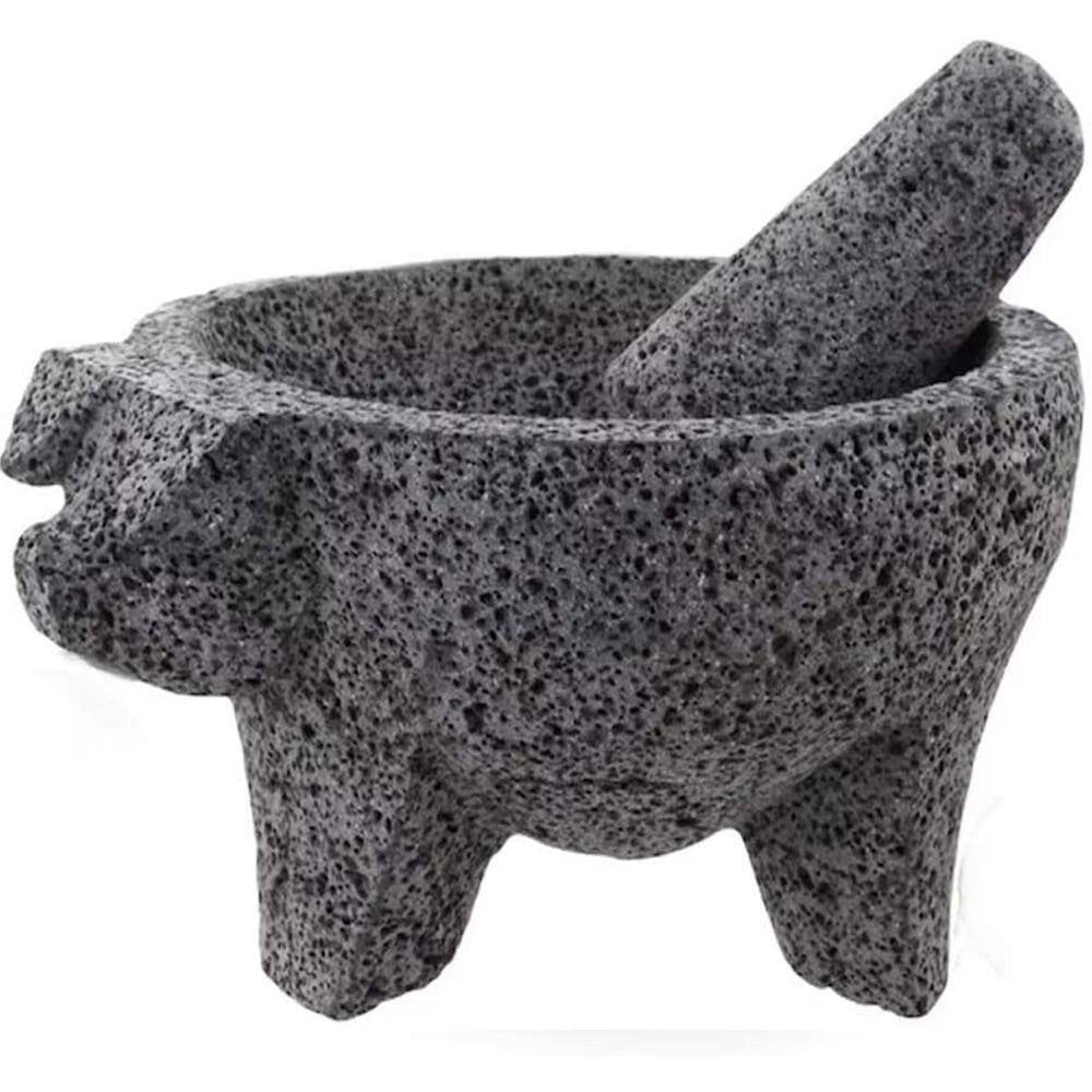 8.6 In. Mexican Hand-Made Lava Stone Mortar and Pestle Ideal as Herb Bowl, Spice Grinder Pig Design