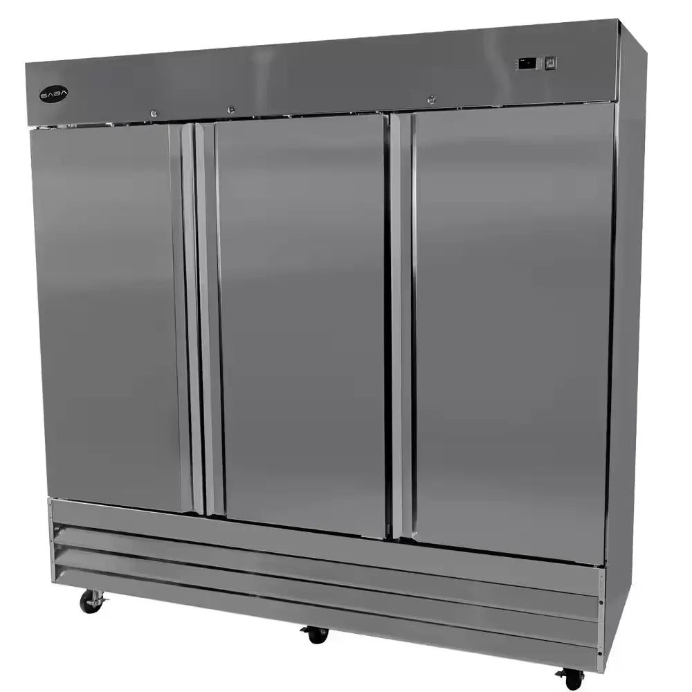 81 In. W 72 Cu. Ft. Three Door Commercial Reach in Upright Refrigerator in Stainless Steel