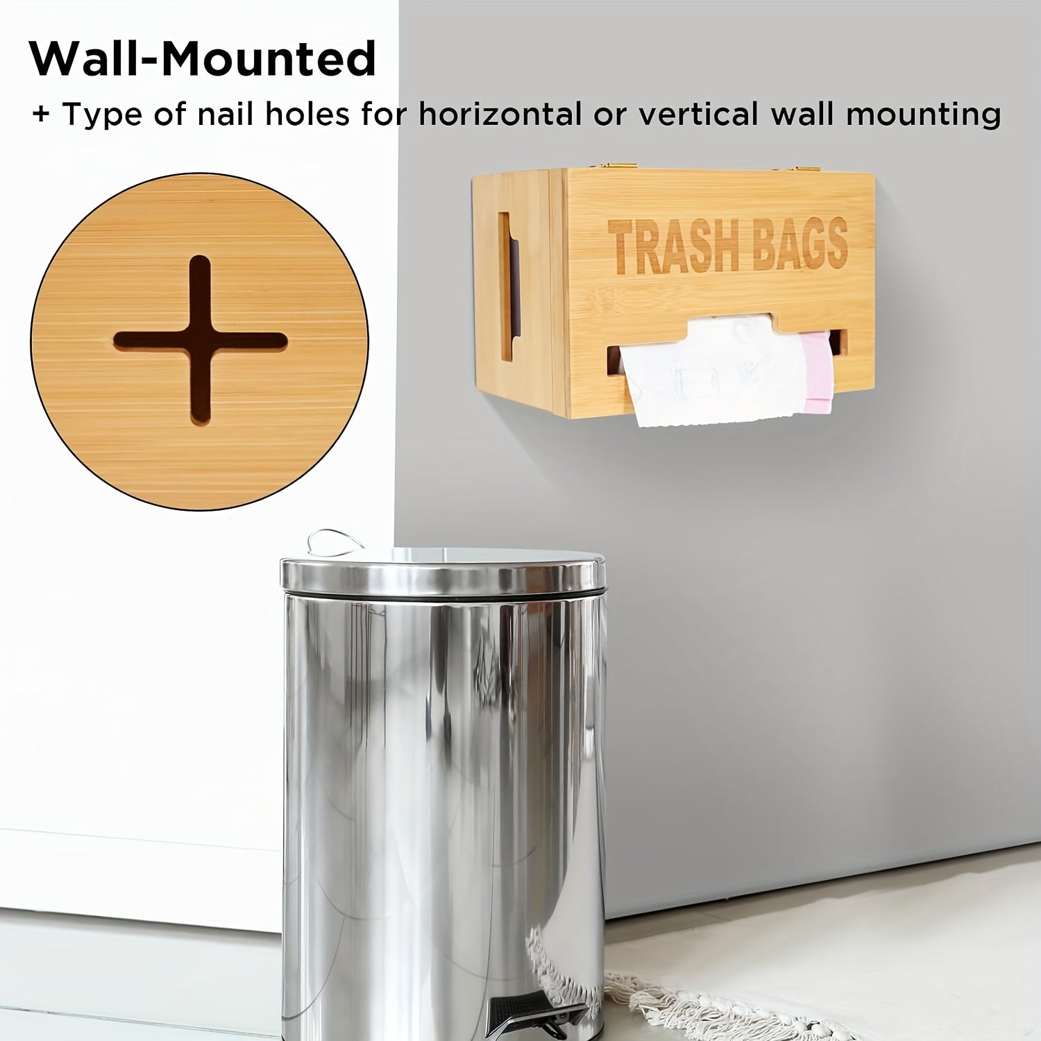 Trash Bag Dispenser, Bamboo Garbage Bag Holder, Plastic Bag Holder with Handles, Grocery Bag Holder Wall Mounted or on Countertop, Compatible with Big and Small Trash Bag Rolls Chef's Market