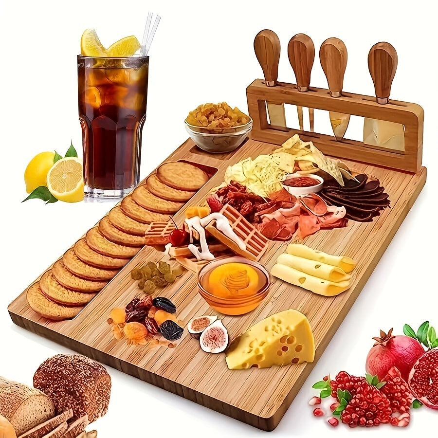 1 Set Bamboo Cheese Board Set, Cheese Tray, Charcuterie Board and Serving Meat Platter with 4 Stainless Steel Cheese Knives, Ideal for Wedding Gifts Christmas Birthday Party Chef's Market
