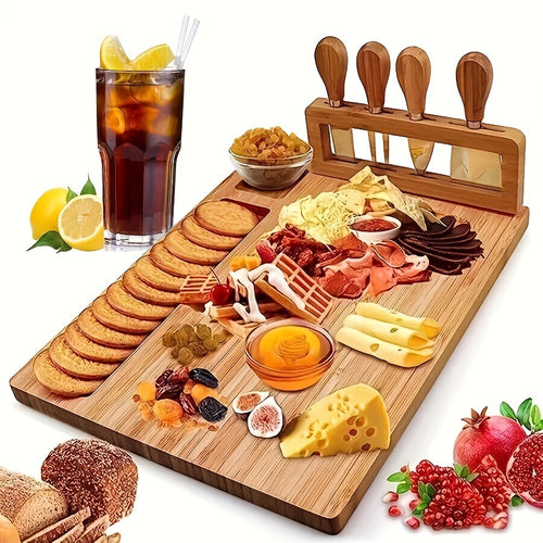 1 Set Bamboo Cheese Board Set, Cheese Tray, Charcuterie Board and Serving Meat Platter with 4 Stainless Steel Cheese Knives, Ideal for Wedding Gifts Christmas Birthday Party Chef's Market