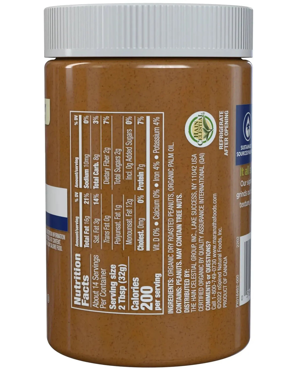 Organic Creamy No Sugar No Salt Peanut Butter Spread, 16 Oz