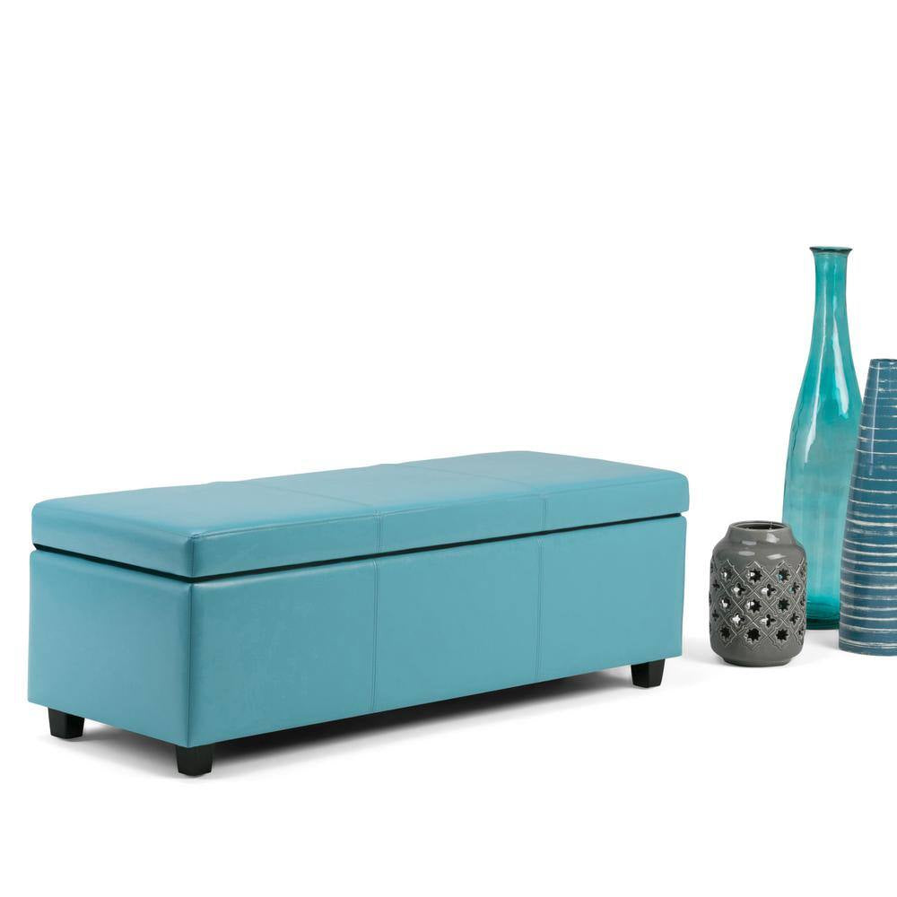 Avalon 48 In. Wide Vegan Leather Storage Ottoman Bench in Soft Blue