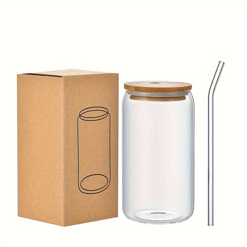 500ml/16 oz Clear Glass cup with Bamboo Lid and Straw - Great for Juice, Beer, Milk, Cute Breakfast Cups Chef's Market