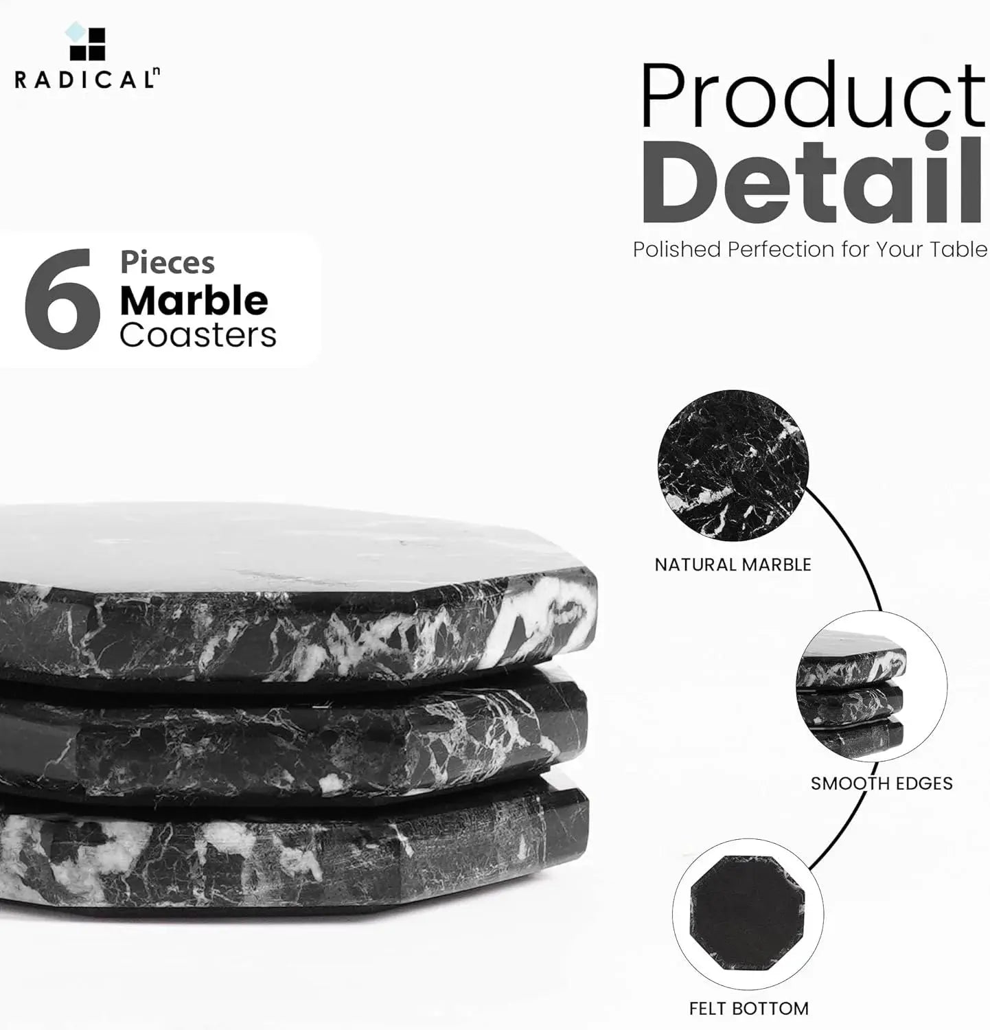 Black Star Marble Coasters for Drinks 3.5 Inches Handmade Stone Coaster Set of 6 Non-Slip Drink Coasters for Tabletop and Coffee Bar Accessories