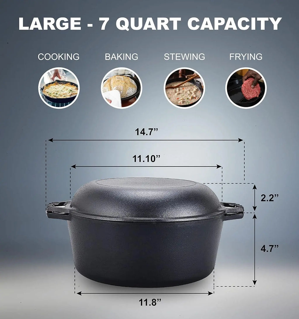 7-Quart Pre-Seasoned Cast Iron Double Dutch Oven with Skillet Lid - Versatile Heavy-Duty Casserole and Braising Pan - Oven Safe Black Cookware (14.7 x 6.9 Inches)