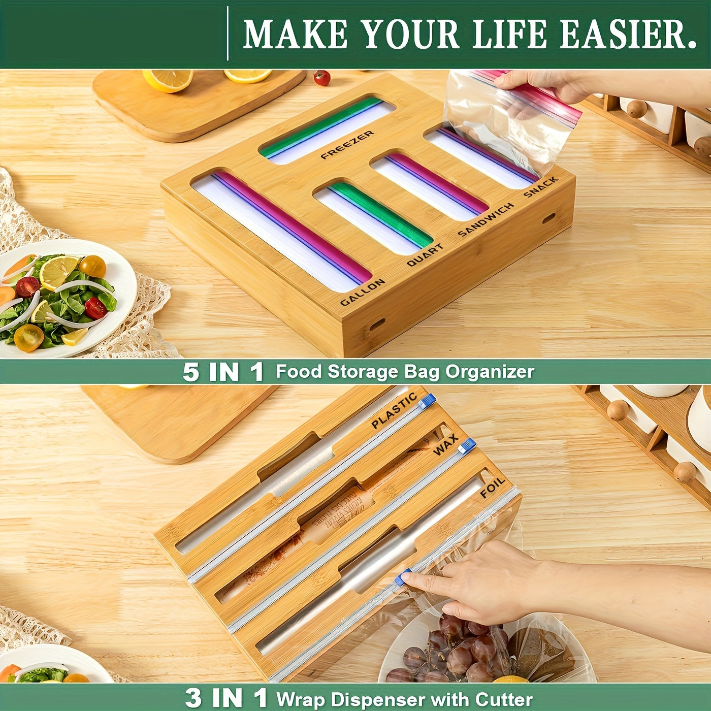 1pc 9 IN 1 Storage Bag Organizer for Kitchen Drawer, Bamboo Foil and Plastic Wrap with Cutter, Organizers Compatible Gallon, Quart, Sandwich Snack Size Chef's Market