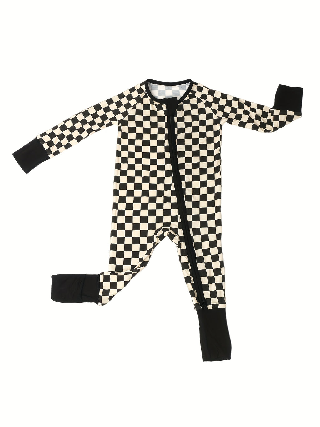 Bamboo Fiber Baby Long Sleeve Checkerboard Plaid Onesie - Black and White Zip Up Jumpsuit Chef's Market