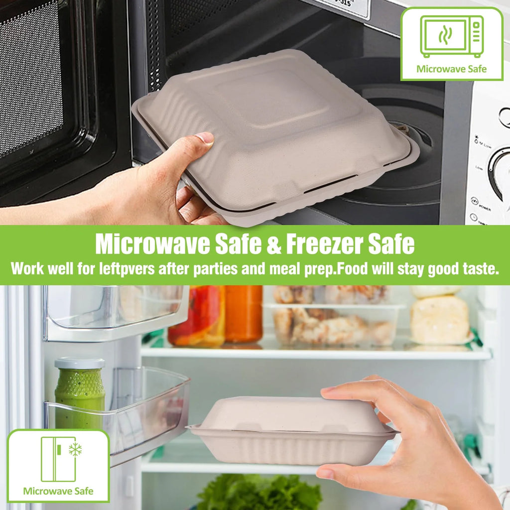 50Pack Compostable Take Out Container 10X10, Disposable to Go Food Boxes with 3 Compartments, Biodegradable Clamshell Container