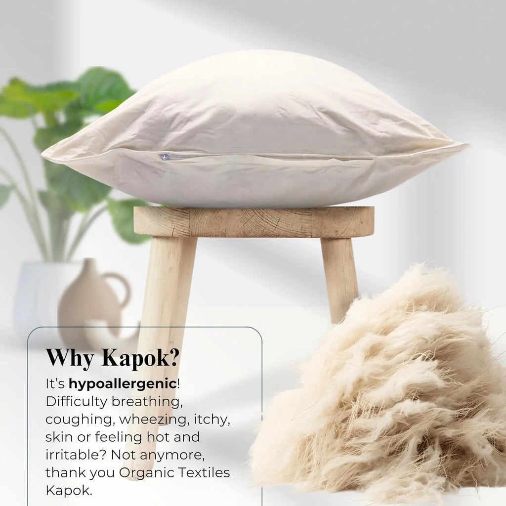 100% Organic Kapok Pillow with Natural Organic Cotton Removable Cover, Machine Washable Ventilated Cover, Organic Fill (Queen - 31"X20")